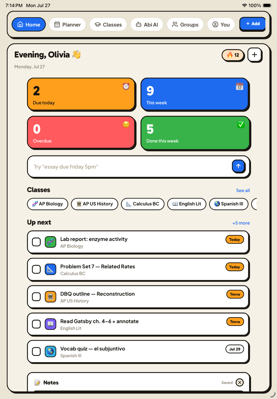 Assignd on iPad showing the dashboard and upcoming work